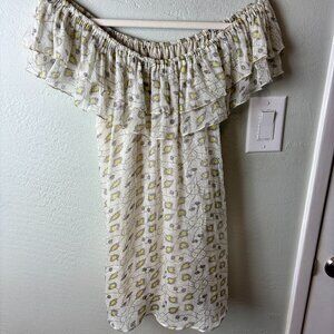 Crystal Candy Off-Shoulder Ruffle Blouse Yellow Gray Print